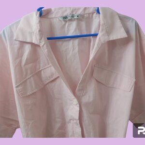 Zara collared buttoned shirt blouse with tie waist in pastel pink size large.